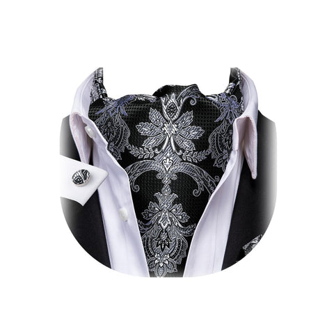 Dubulle Paisley Floral Ascot Tie for Men Self Tie Mens Cravat Tie and Pocket Square Cufflinks Wedding, Black Grey, Medium