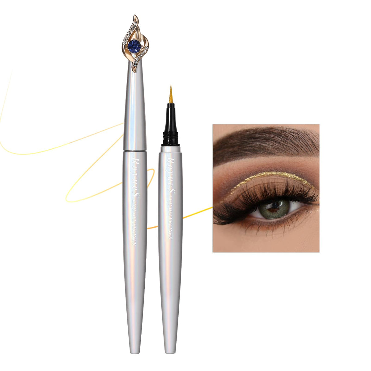 AKARY Wand Liquid Gold Eyeliner Waterproof, Waterline Quick Drying Gel Eyeliner for Women Eyes Wing Eyeliner, Colored Eyeliner Long Lasting Wear, Ultra Fine Brush Tip Pen for All-Day Wear, 03 Gold