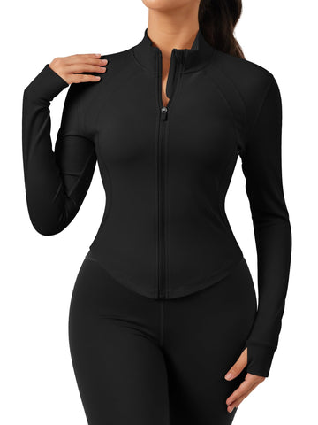GYM RAINBOW Womens Zip Up Athletic Jacket Lightweight Contour Fit Gym Fitness Workout Jackets with Thumb Holes(#1 Black,Small)