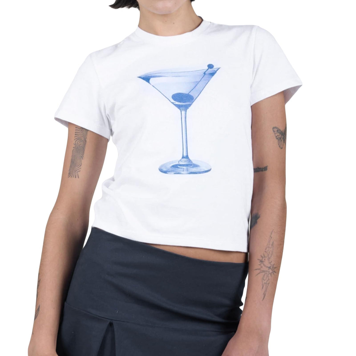 Y2K White Baby Tees for Women Cute Graphic Printed Crop Top Vintage Aesthetic Summer T Shirt for Teen Girls (Martini Blue, M)