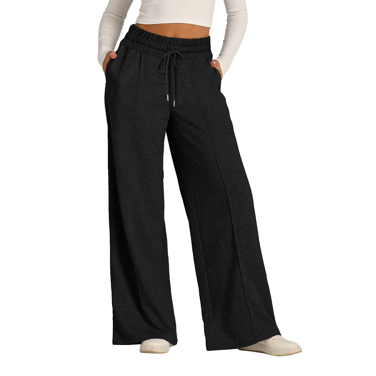 Womens Wide Leg Sweatpants Lightweight High Waisted Joggers with Pockets Baggy Comfy Drawstring Lounge Pants 2024, L002-black, Large