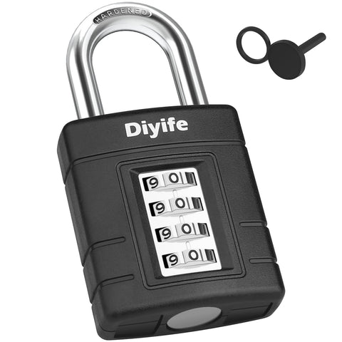 Heavy Duty Combination Padlocks Outdoor, [Weatherproof] Diyife 50mm Large 4-Digit Locker Padlock with 8mm Thick 304 Stainless Steel Shackle for Garage, Home, School, Gate, Shed, Fence, Gym (Black)