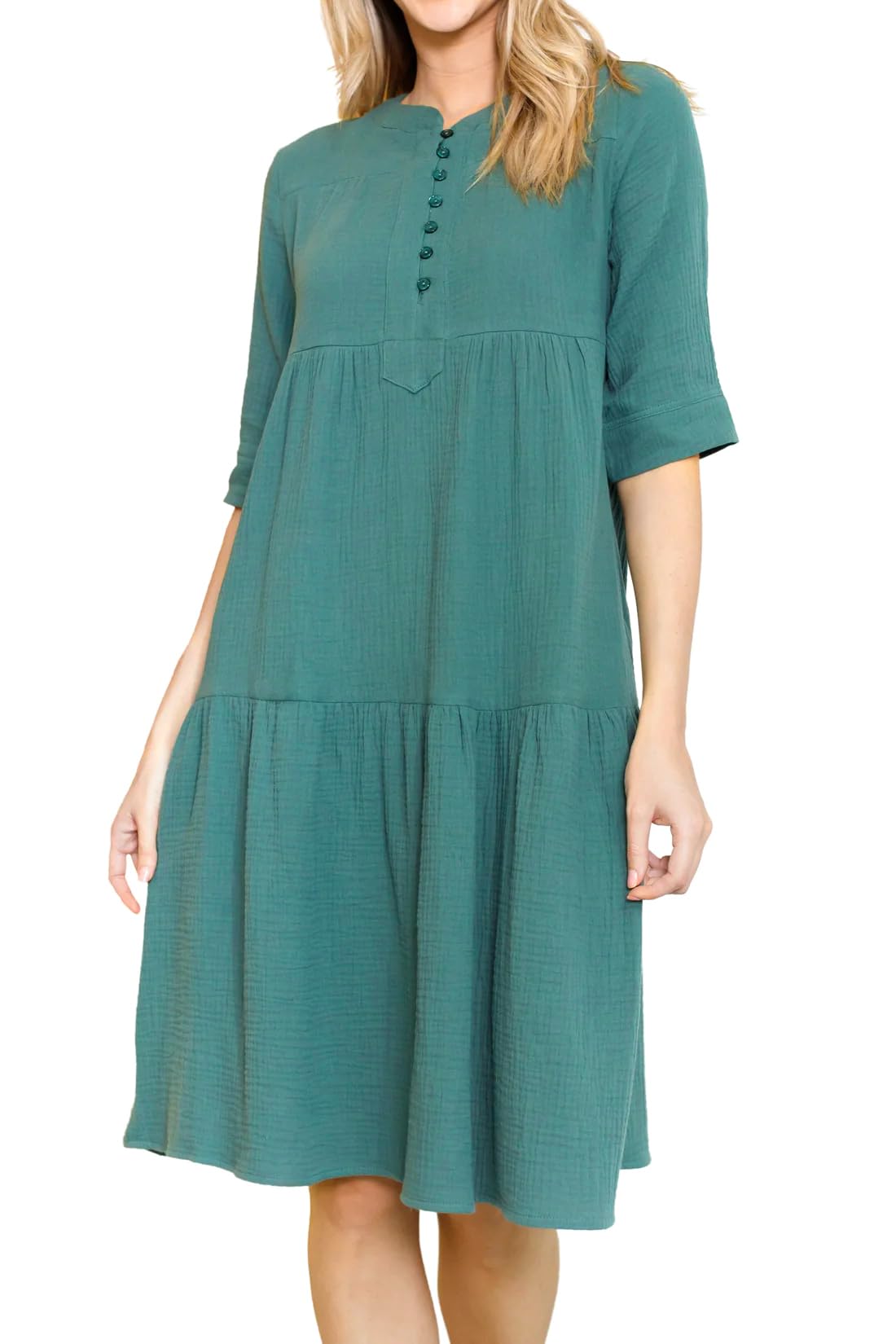 LifeShe Half Sleeve Flowy Tiered Babydoll Midi Dress Button Up Womens Summer Dresses Casual with Pockets Green