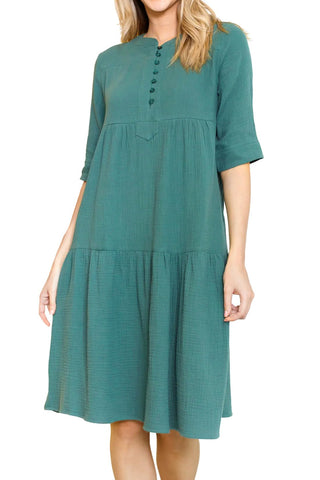 LifeShe Half Sleeve Flowy Tiered Babydoll Midi Dress Button Up Womens Summer Dresses Casual with Pockets Green