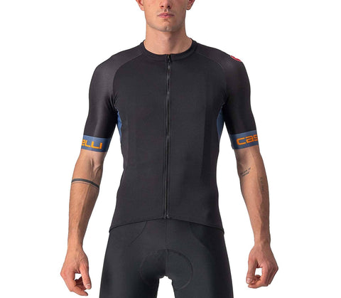 Castelli MenÃ¢â‚¬â„¢s Entrata VI Jersey, Quarter Length Sleeve Zip Up Jersey for Aerodynamics, Gravel Biking & Race Cycling - Light Black/Light Steel Blue-Pop Orange - Medium