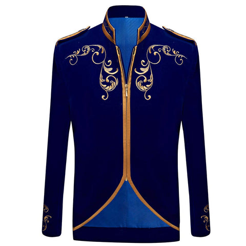 PYJTRL Mens Stylish Court Prince Black Velvet Gold Embroidery Blazer Suit Jacket (Blue, L)