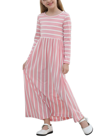 GORLYA Girl's Long Sleeve Floral Print Loose Casual Holiday Long Maxi Dress with Pockets 4-12 Years (12-13Years/Height:160cm, Pink Stripe)