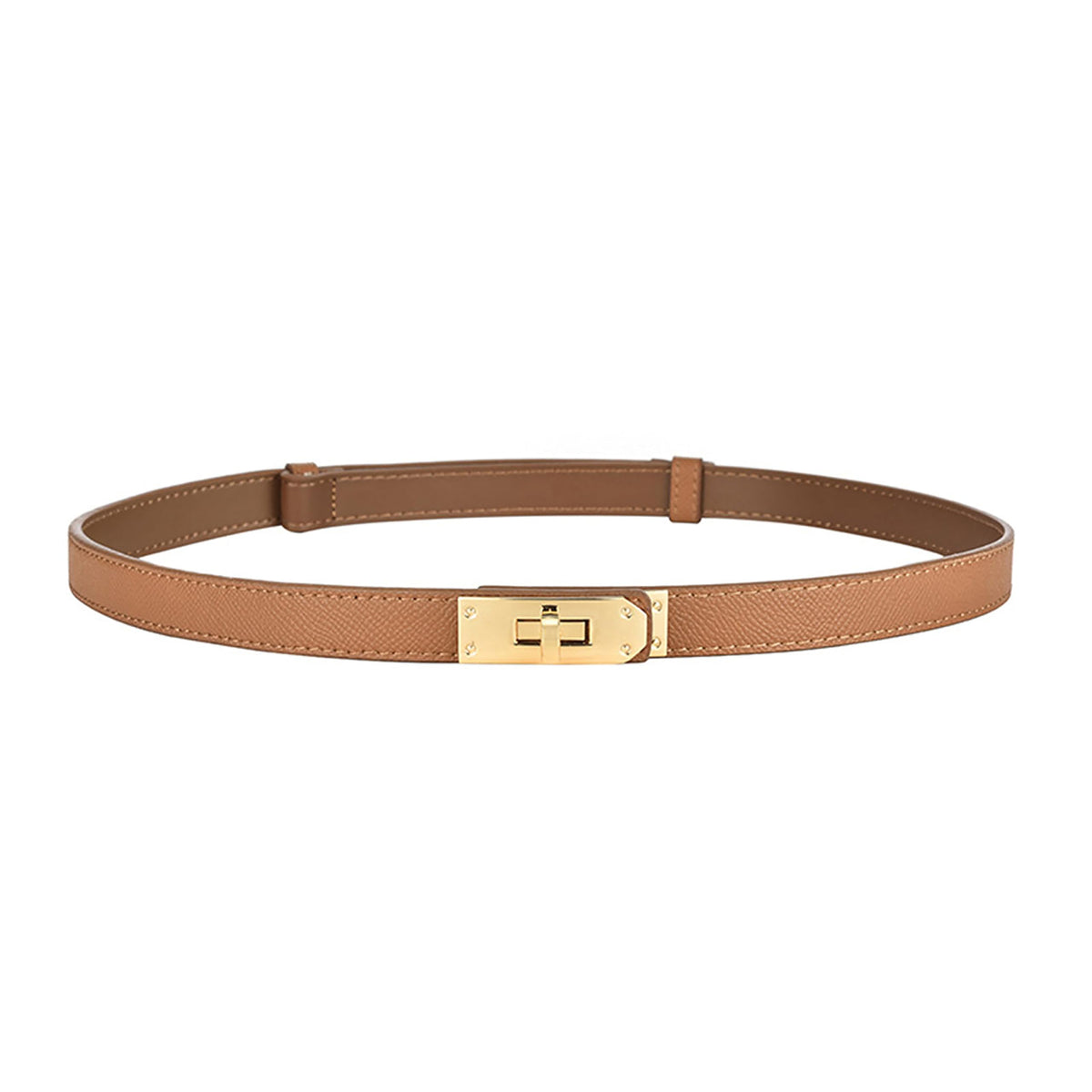 IEMIEBOAMGNOY Adjustable Thin Belts for Women Leather Skinny Belt for Women Dresses Solid Color Alloy Turn Lock Belts, Brown, Medium
