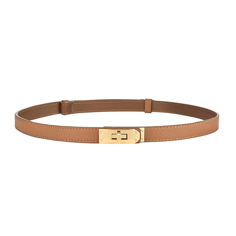 IEMIEBOAMGNOY Adjustable Thin Belts for Women Leather Skinny Belt for Women Dresses Solid Color Alloy Turn Lock Belts, Brown, Medium