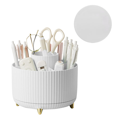 Vilike 360° Pencil Pen Holder for Desk, Rotating Desk Organiser, Spinning Pen Pot with 5 Slots, Stationery Organiser for Home, Office, School, Plastic Makeup Brush Holder(White)