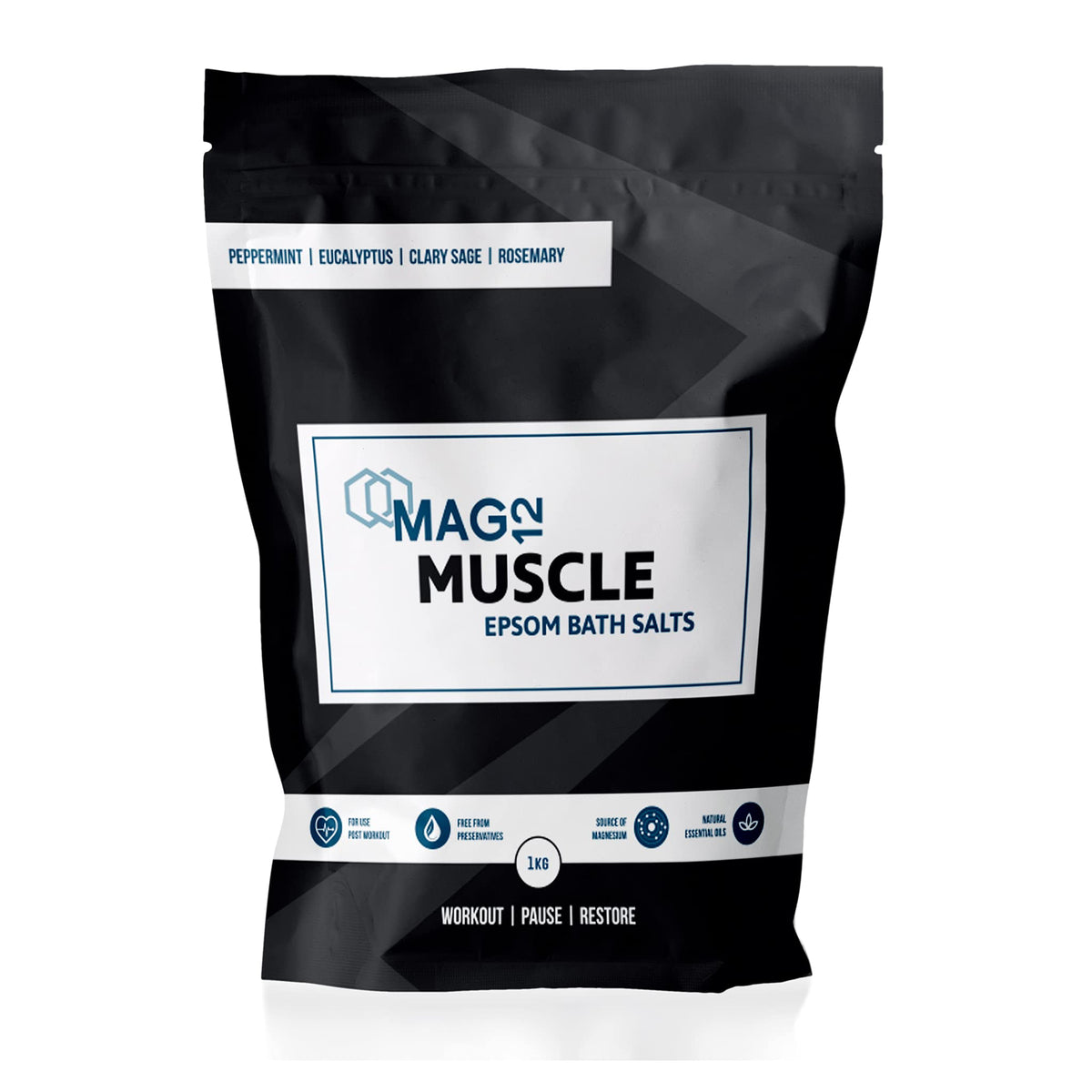 MAG12 Muscle Epsom Bath Salts with Peppermint, Eucalyptus, Clary Sage & Rosemary 1kg | Post Workout Soak for Muscles & Joints