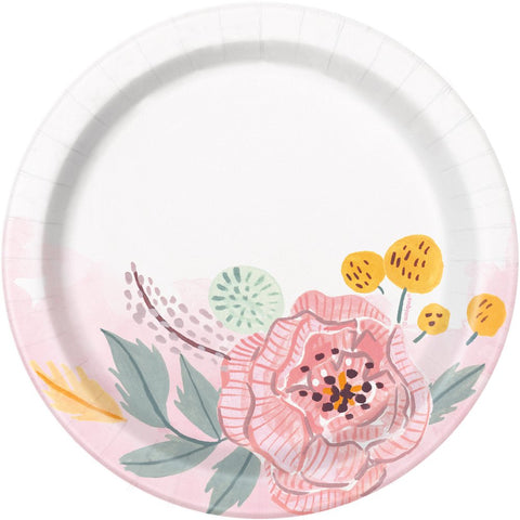 Painted Pink Floral Mr. & Mrs. Bridal Shower Party Paper Plates, 9", 8 Ct.