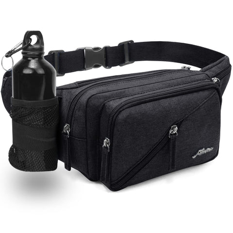 REETEE Hiking Waist Pack Bum Bag Waterproof Waist Bag with Bottle Holder Sports Fanny Packs for Running Travel Cycling Outdoor Sport Men and Women Hip Pouch Bag (Black)