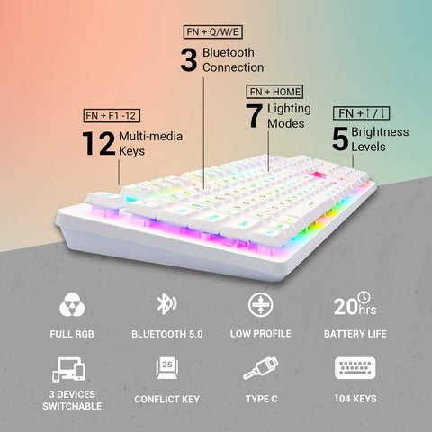 Redragon K509 Pro Wireless Gaming Keyboard, 2.4G and Bluetooth Keyboard, RGB Backlit with 104 Low Profile Keys for Windows PC (White)