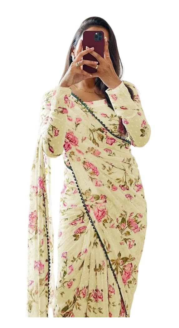 Sidhidata Women's Georgette Digital Printed Ready To Wear one Minute Saree With Unstitched Blouse Piece (Lemon)