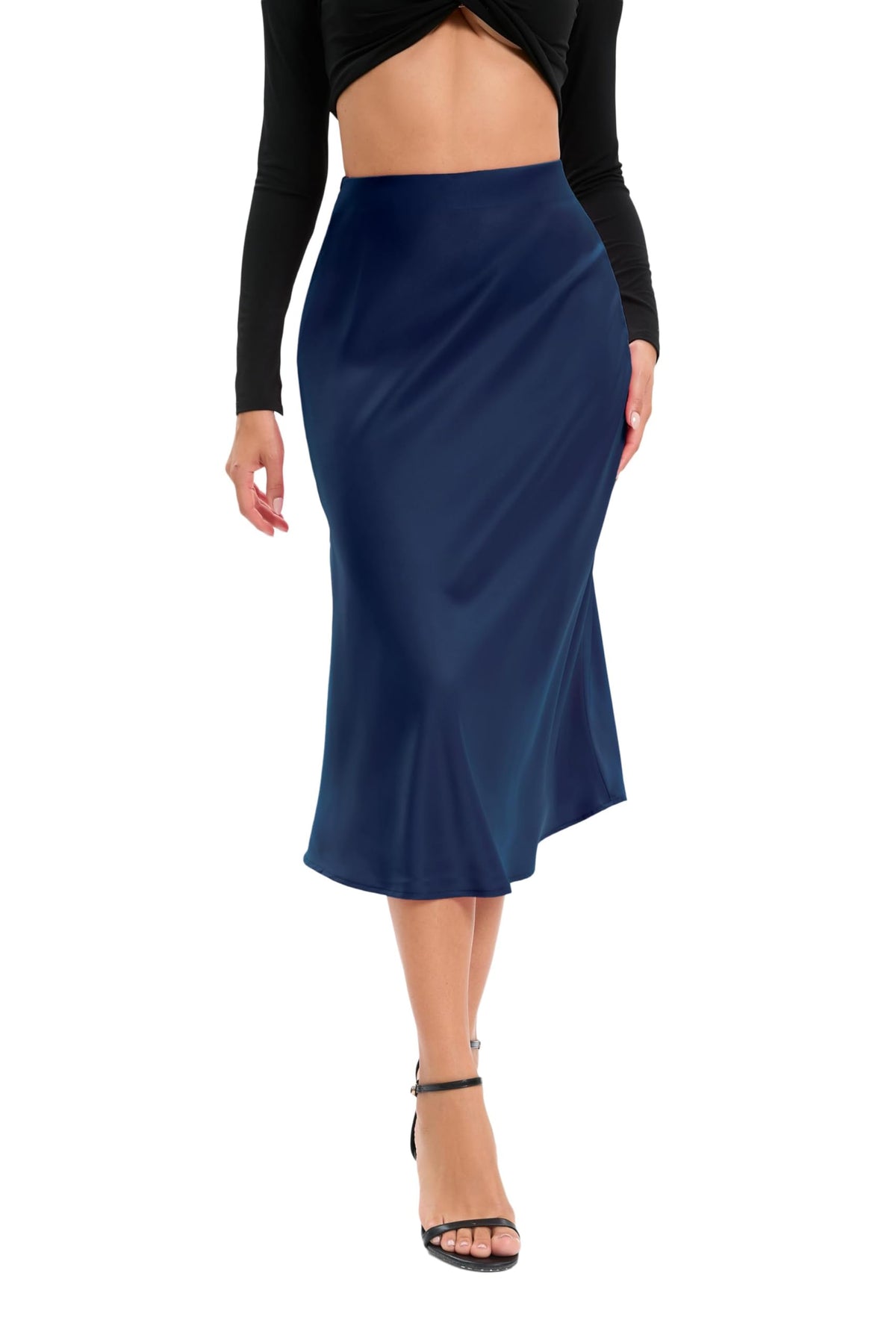 Oyamiki Women Satin Midi Skirt High Waist Summer Trendy Ruffle Blue A-Line Maxi Skirt, M
