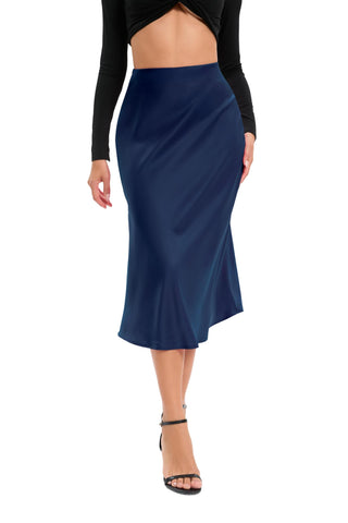Oyamiki Women Satin Midi Skirt High Waist Summer Trendy Ruffle Blue A-Line Maxi Skirt, M