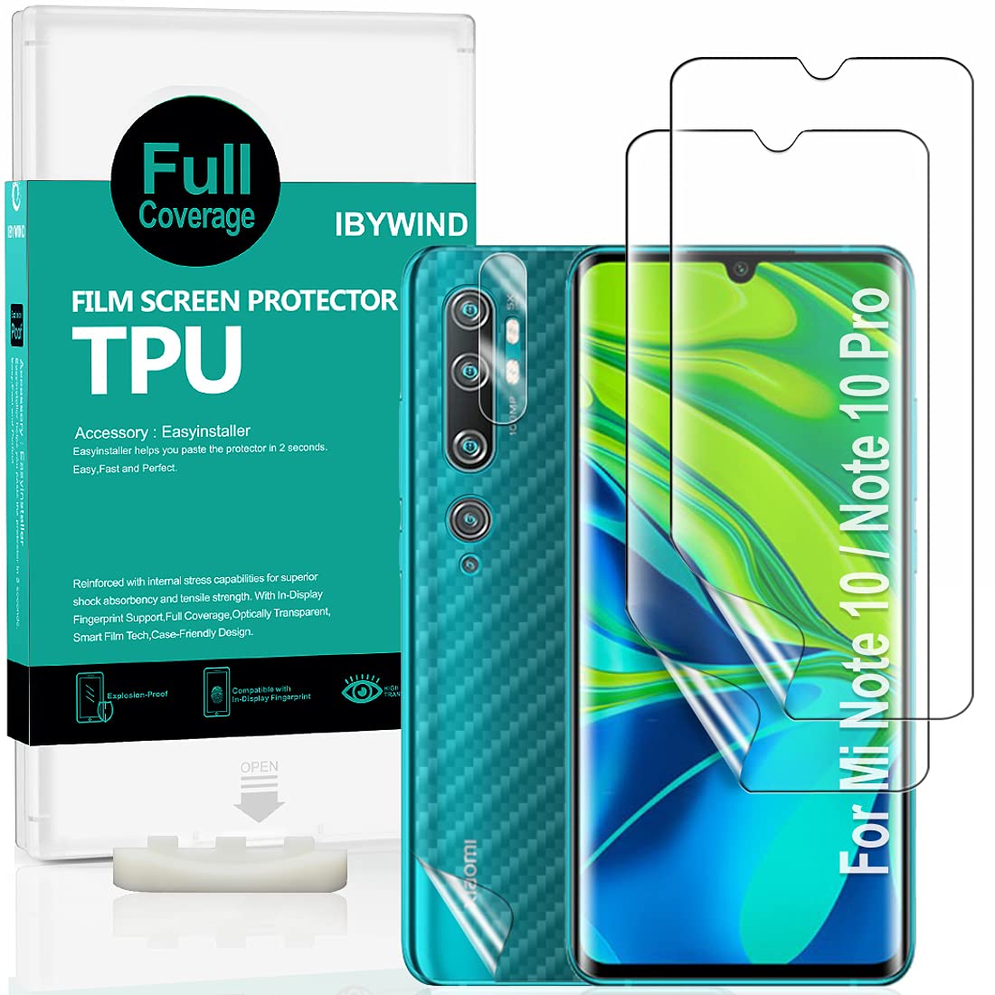 Ibywind Screen Protector For Mi Note 10/Note 10 Pro/CC9 Pro,with 2Pcs Flexible TPU Film,1Pc Camera Lens Protector,1Pc Backing Carbon Fiber Film [Fingerprint Reader,Easy to install]