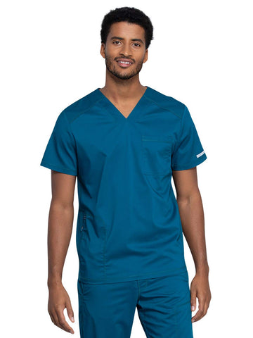 Cherokee Men's V-Neck Scrub Top with Mesh Yoke and Side Panels for Extra Breathability WW603, L, Caribbean Blue