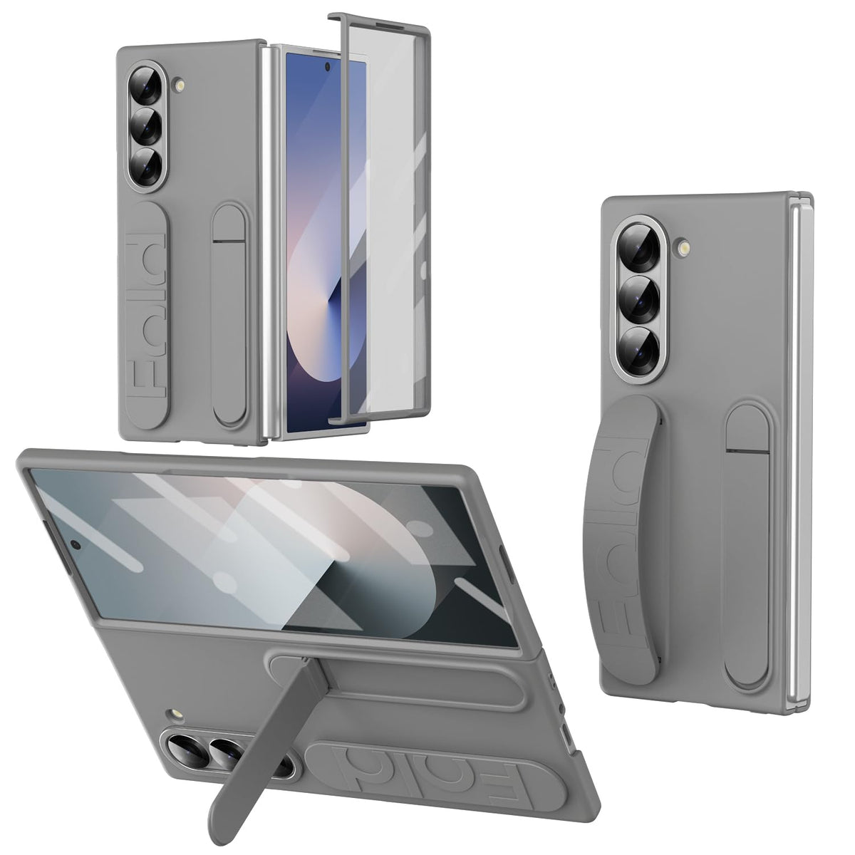 XIMAND for Samsung Galaxy Z Fold 6 Protect Case with Wristband Stand,Bulit-in Screen & Lens Protection Shockproof Full Body Drop Fall Protection.(Grey)