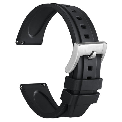 WOCCI 22mm Hevea Watch Strap, FKM Rubber (Not Silicone), Quick Release Replacement Band for Men, Silver Buckle (Black)
