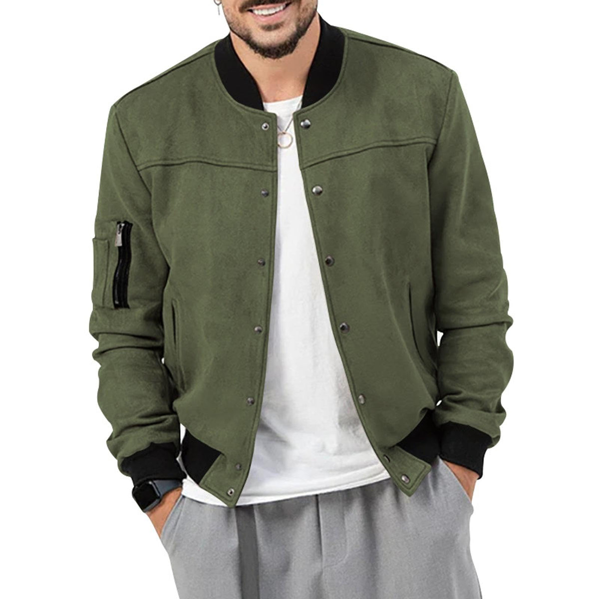 NAKEAH Men's Fashion Stand Collar Jacket Autumn Winter Retro Trendy Button Cardigan Jackets green M