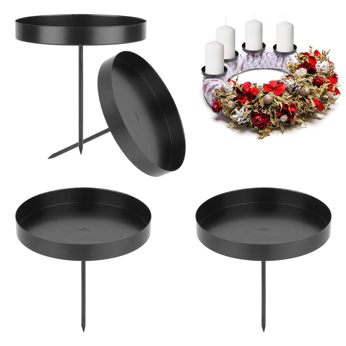 Pack of 4 Candle Holders Wreath Advent, 8 cm Candle Holder for Plugging, Metal Candle Plate for Pillar Candles, Candle Pick Advent Wreath, Christmas Wreath, Tea Light Holder for Candles Table