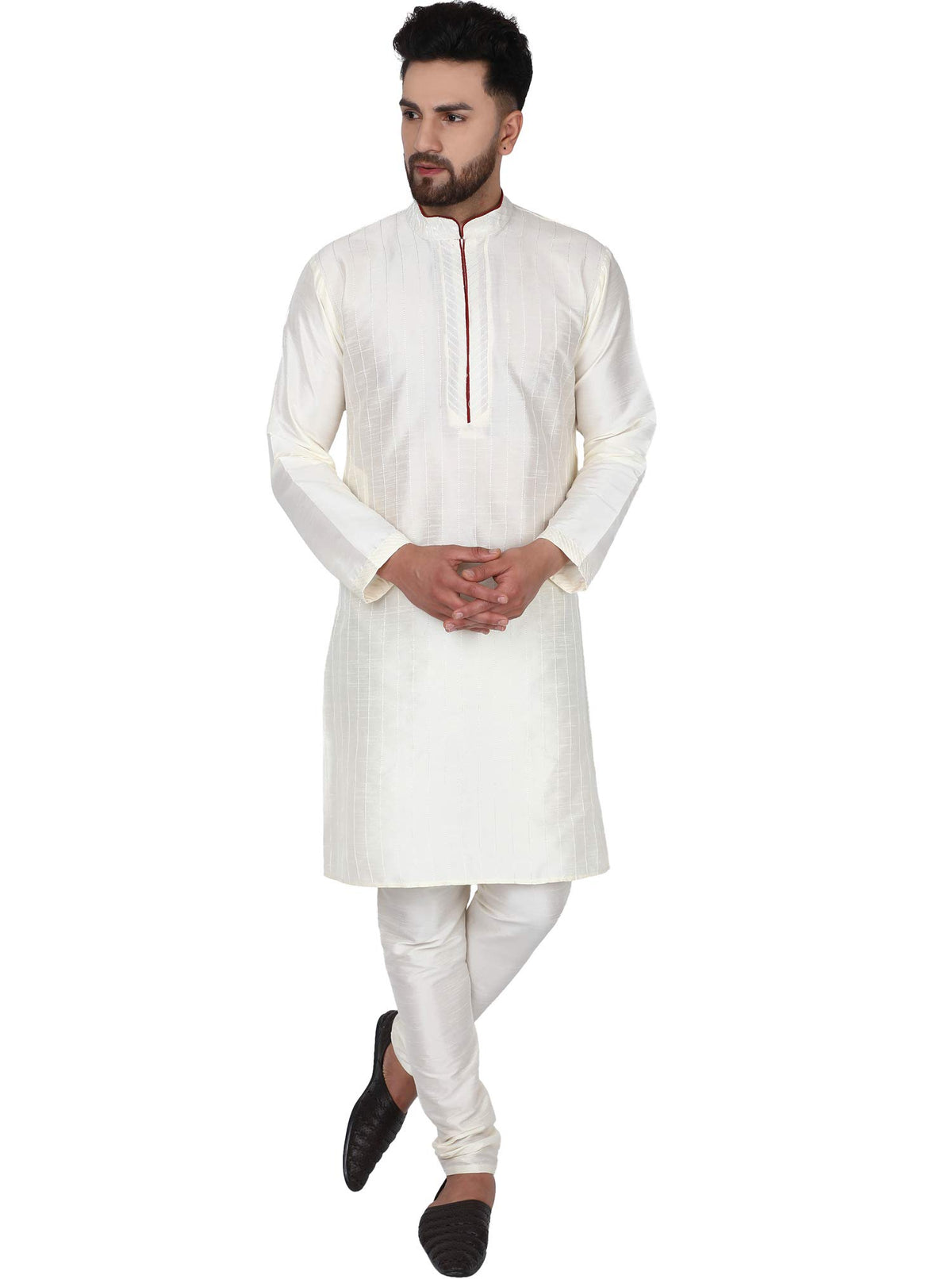 SKAVIJ Men's Art Silk Thread Work Kurta Set Woven Design Festive Embroidered Ethnic Dress (KP028white_White_XL)