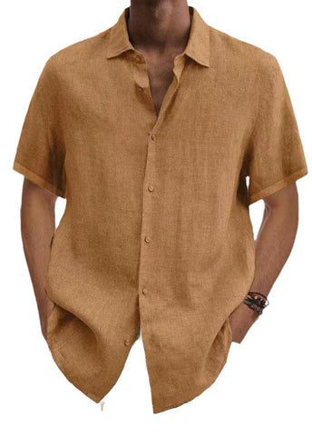 HanzhuoLG Men's Simple Linen Shirt Summer New Solid Color Loose Lapel Buttons Short Sleeve Shirt Khaki L