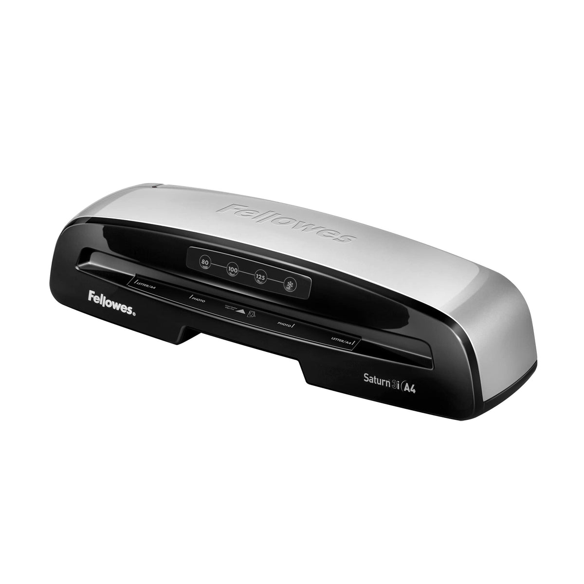 Fellowes Saturn 3i A4 Small Office Laminator 80-125 Micron. Rapid 1 minute warm up time. Including 10 free pouches., Black, Silver