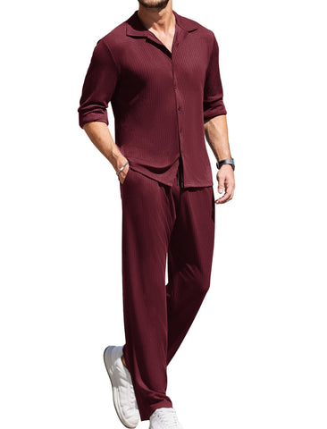 COOFANDY Men's Casual Button Down Shirts Sets Elastic Waist Loose Trousers Set 2 Piece