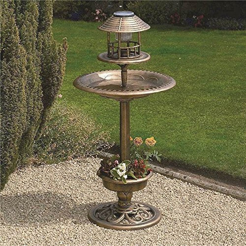 NEW BRONZE OUTDOOR BIRD FEEDER BATH SOLAR LIGHT WEATHER RESISTANT GARDEN HOTEL