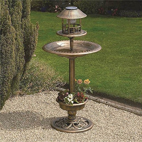 NEW BRONZE OUTDOOR BIRD FEEDER BATH SOLAR LIGHT WEATHER RESISTANT GARDEN HOTEL