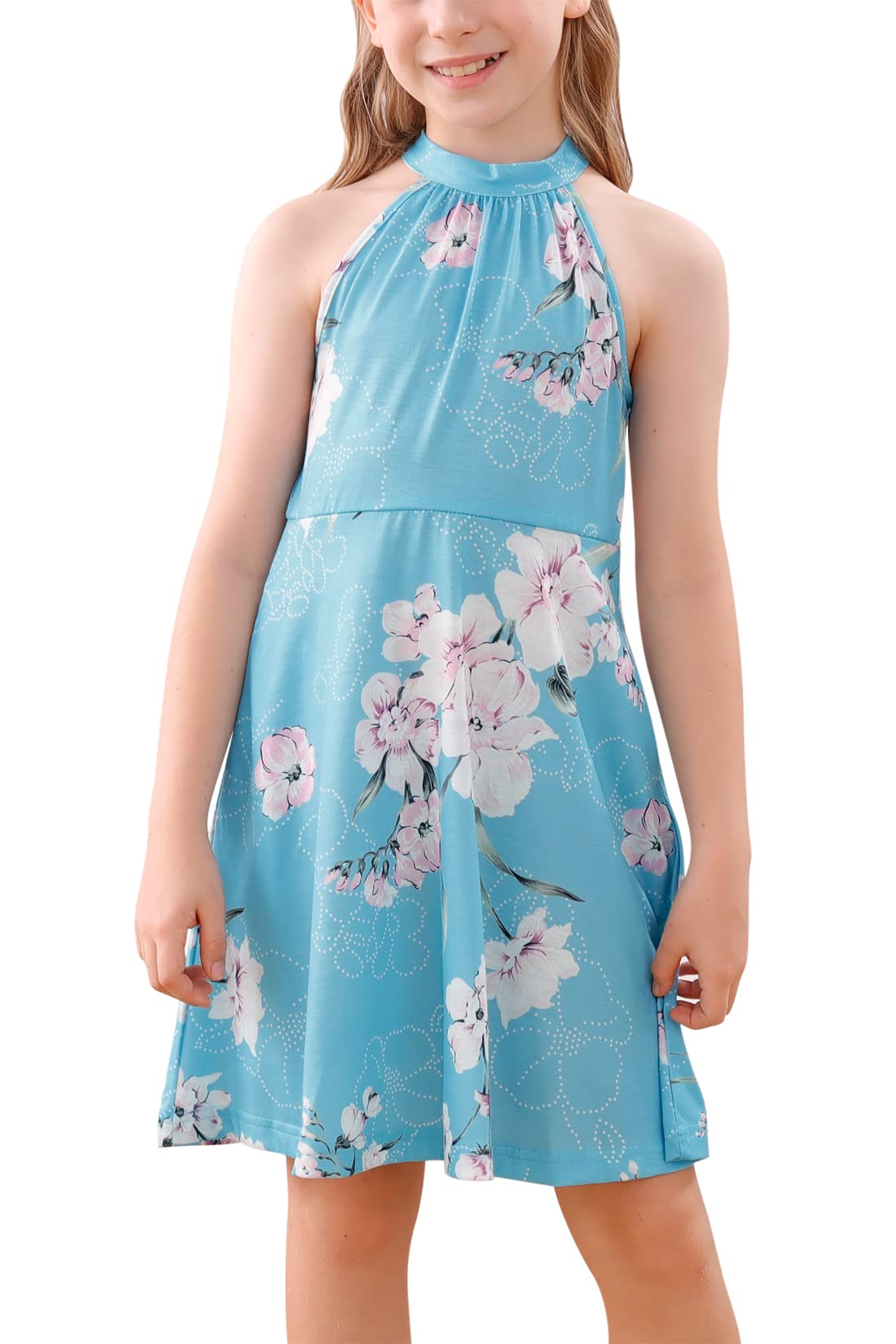 GORLYA Girl's Halter Neck Cold Shoulder Sleeveless Summer Casual Sundress A-line Dress with Pockets for 4-12 Years(GOR1013,10Y,SkyBluePrint)