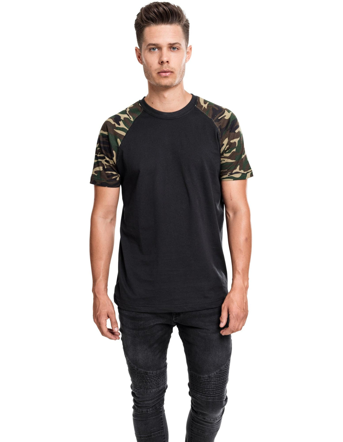 Urban Classics Men's Raglan Contrast Tee T-Shirt, Black/woodcamo, L