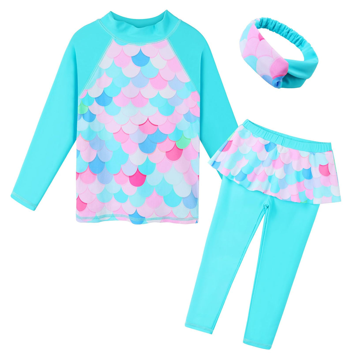 BAOHULU Girls Swimsuit Two Piece UPF 50+ UV Protective Rash Guard Set 3-12 Years S436_CyanScale_6A