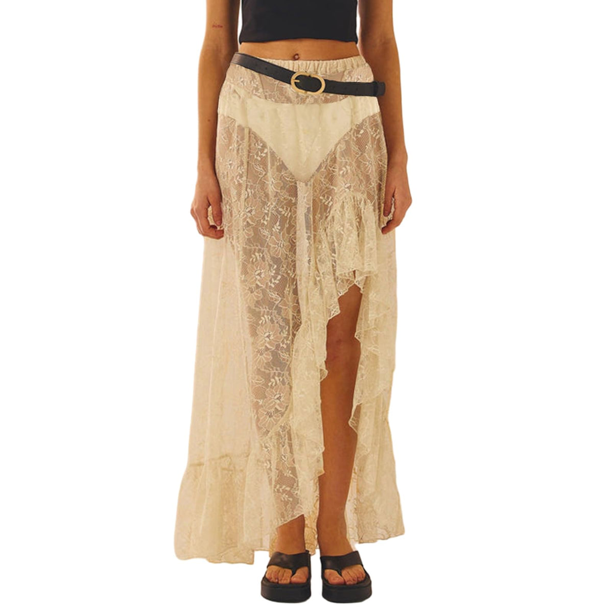 Women Y2K Lace Midi Skirt Sheer Mesh Skirts Boho Ruffle Long Flowy Skirt See Through Beach Floral Maxi Skirt (High Split Creamy White, S)