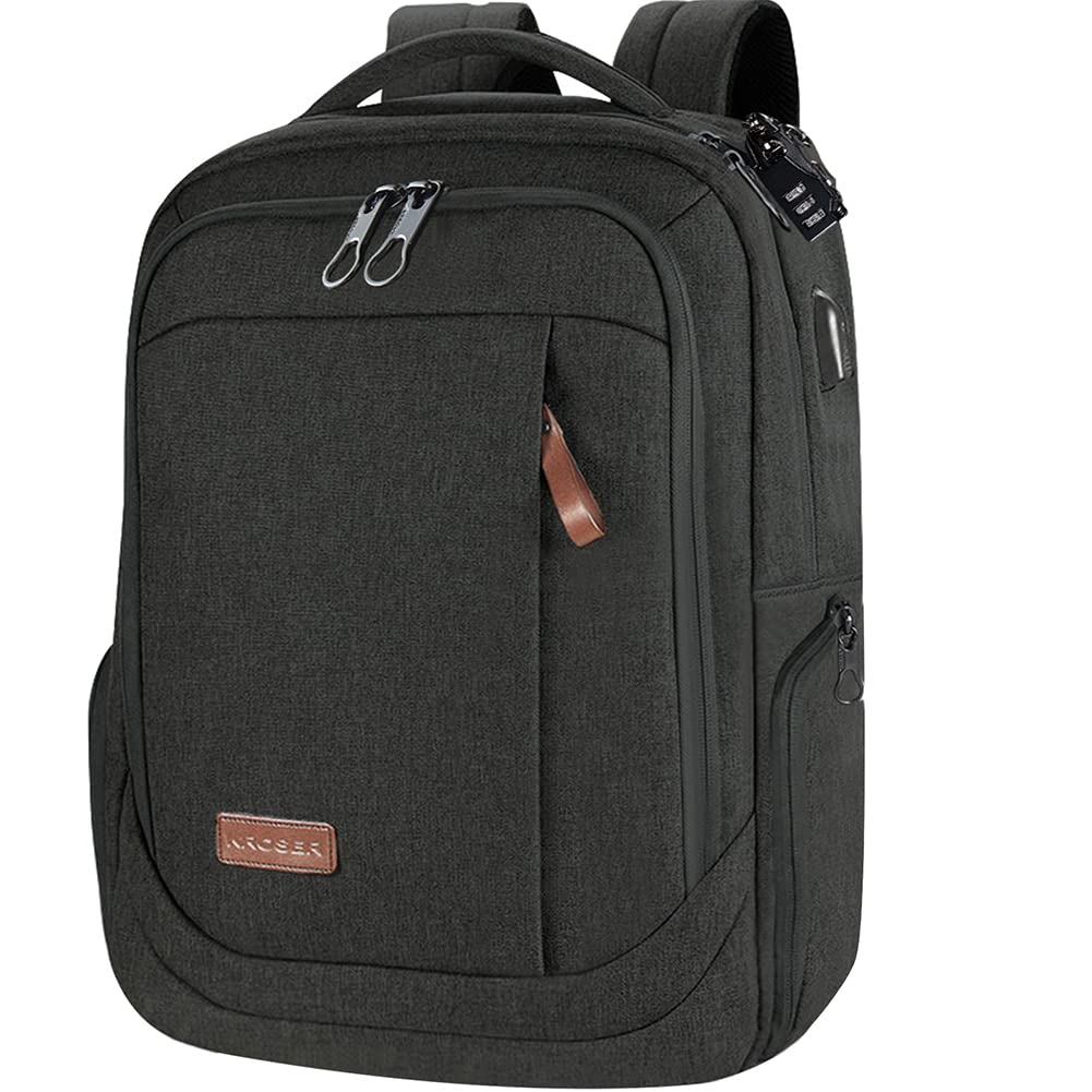 KROSER Laptop Backpack Large 17.3 Inch School Travel Computer Backpack for Laptop with USB Charging Port Water-Resistant Casual Daypack for Business College Work Bag Men Women, Black