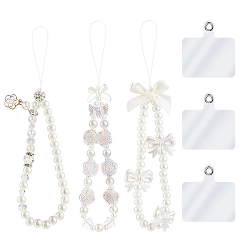 KALIONE 3 Pcs Phone Charm Strap White Pearl Phone Chram Mobile Phone Chain Beads Bow Bracelet Butterfly Bow Phone Tether Tabs, Cute Phone Charms Aesthetic Pearl Beaded Strap