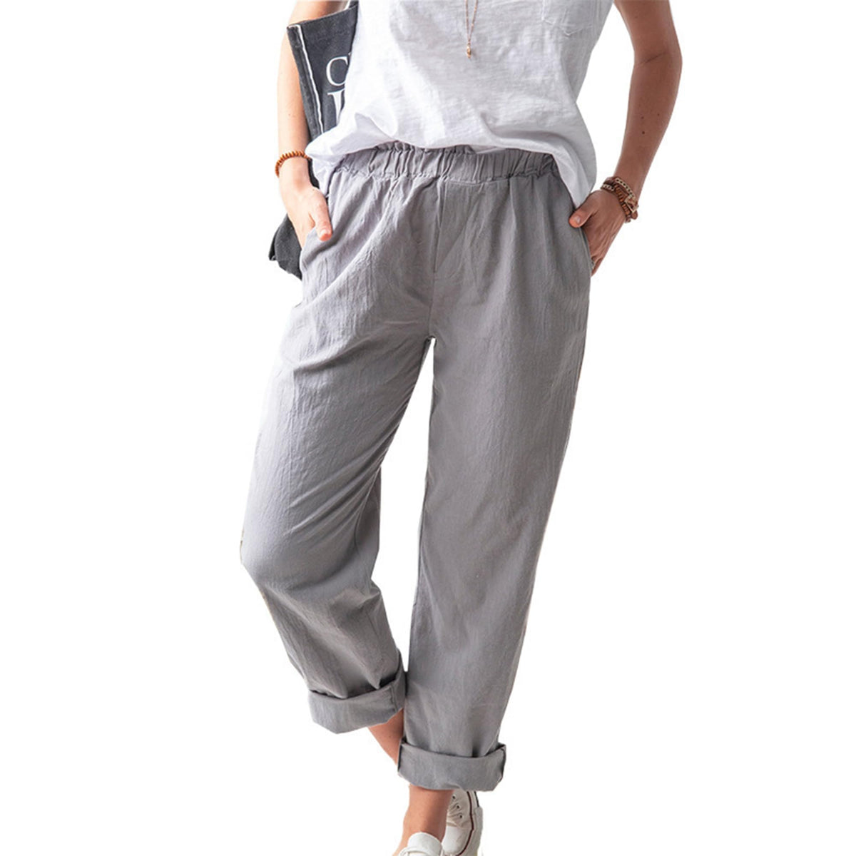 Letuwj Women's straight pants cotton and linen pants casual elastic high-waisted Grey XL