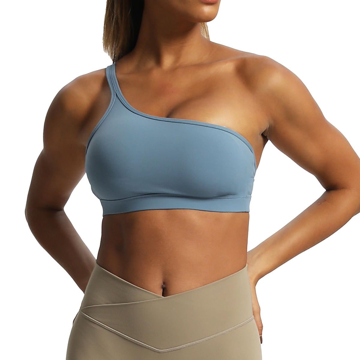 Aoxjox Women's Workout Sports Bras One Shoulder Astoria Asymmetrical Bra Fitness Training Gym Yoga Crop Tank Top (Steel Blue, Medium)