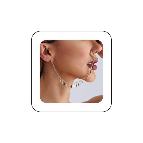 Inateannal Punk Fake Nose Ring Chain Gold Sequins Tassel Nose Ring Vintage Tassel Dangle Nose Ring Hoop Fake Nose to Ear Chain with Studs Indian Jewelry for Women Girls