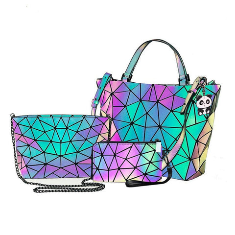 Women Geometric Luminous Purses and Handbags Chic Stylish Color Changable Reflective Cross Body Bags Backpack (3 PCS SET?