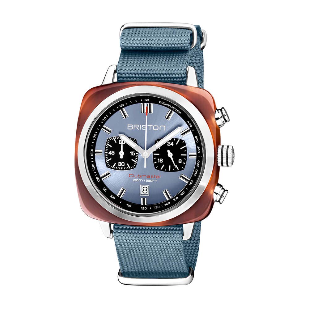 BRISTON - Clubmaster Sport Acetate - Chronograph Tortoise Shell Blue Dial Ice Blue, Ice Blue Dial, Glacier Blue