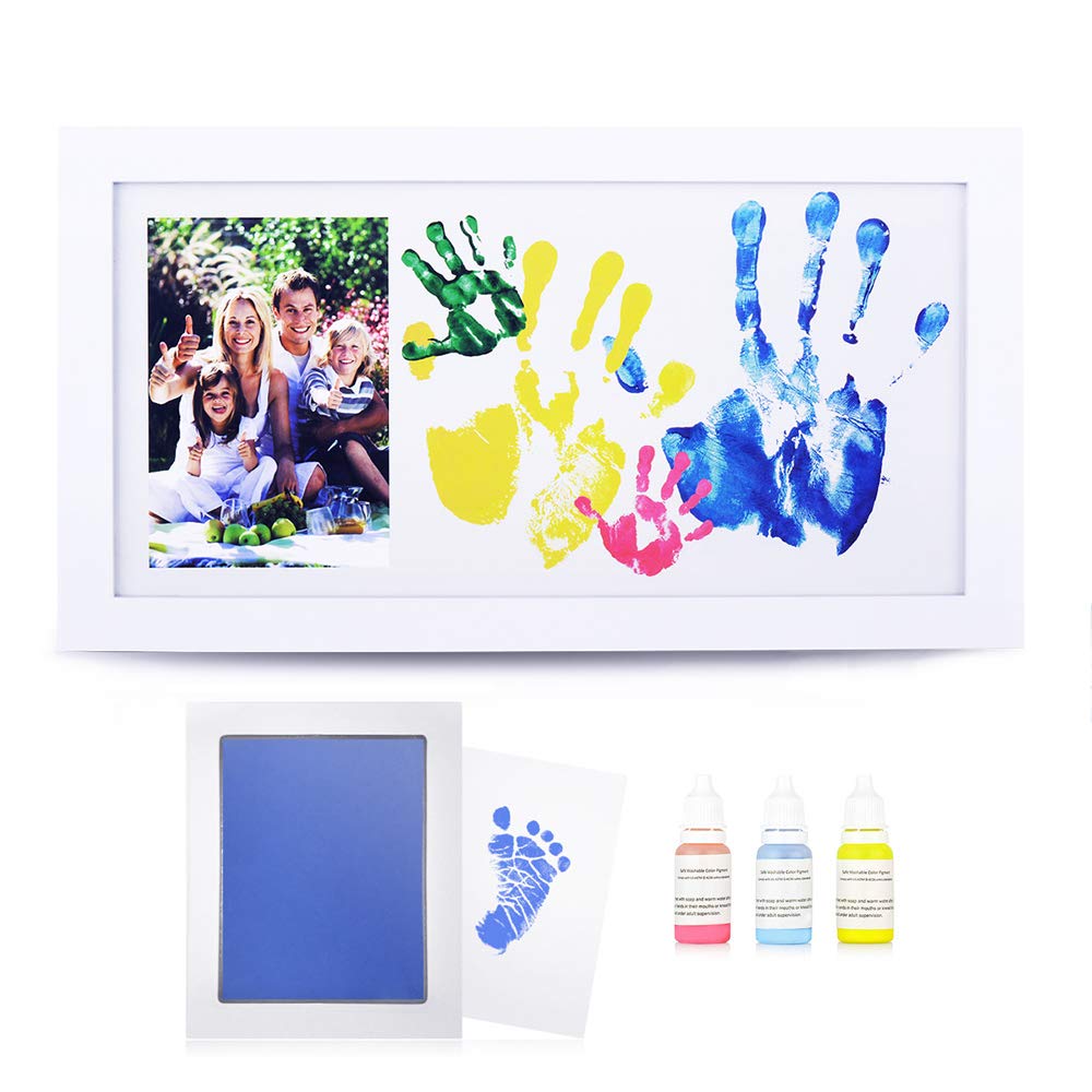 NWK DIY Family Photo + Family Hand/Footprints Kit with 44cm X 23.8cm Elegant White Wood Picture Frame, Ink Pad, Non-Toxic Watercolor Paints, Motherâ€™s Day Gift