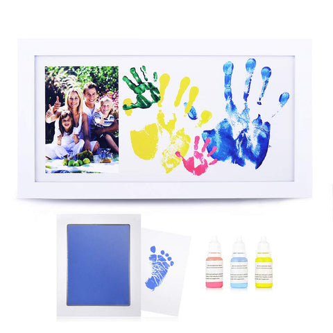 NWK DIY Family Photo + Family Hand/Footprints Kit with 44cm X 23.8cm Elegant White Wood Picture Frame, Ink Pad, Non-Toxic Watercolor Paints, Motherâ€™s Day Gift