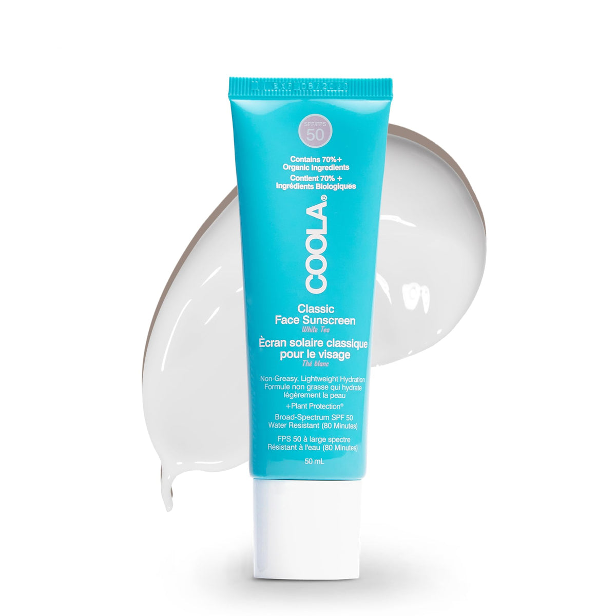 Coola Classic SPF 50 Face Sun Cream Lotion, 70 Percent + Organic Daily SPF Face Moisturiser, Vegan and Paraben Free Sunscreen, Natural White Tea, 50 ml