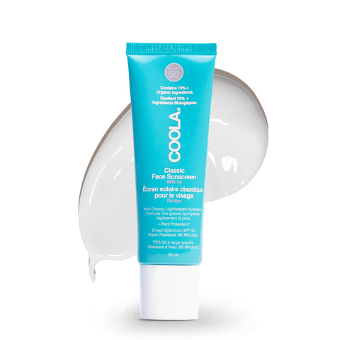 Coola Classic SPF 50 Face Sun Cream Lotion, 70 Percent + Organic Daily SPF Face Moisturiser, Vegan and Paraben Free Sunscreen, Natural White Tea, 50 ml