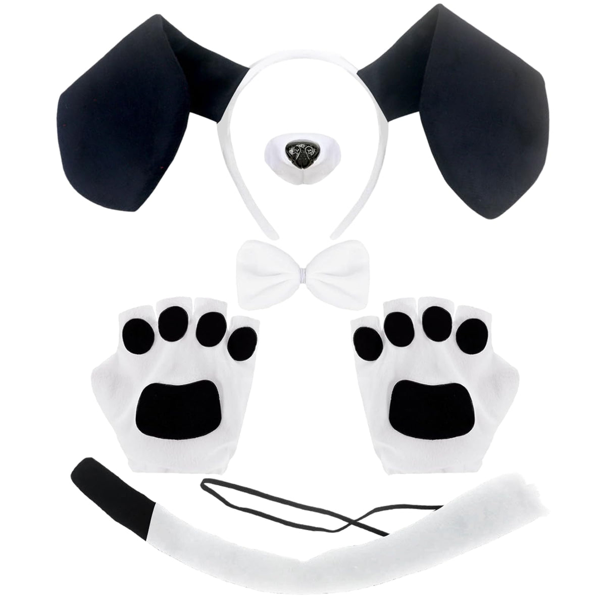 XNIVUIS 5 Pieces Black And White Puppy Dog Costume Set,Fancy Dress Dog Costume Set,Dog Ears Headband Gloves Bowtie Nose Tail,For Kids Boys and Girls Cosplay Party Fancy Dress Up (5 PCS)