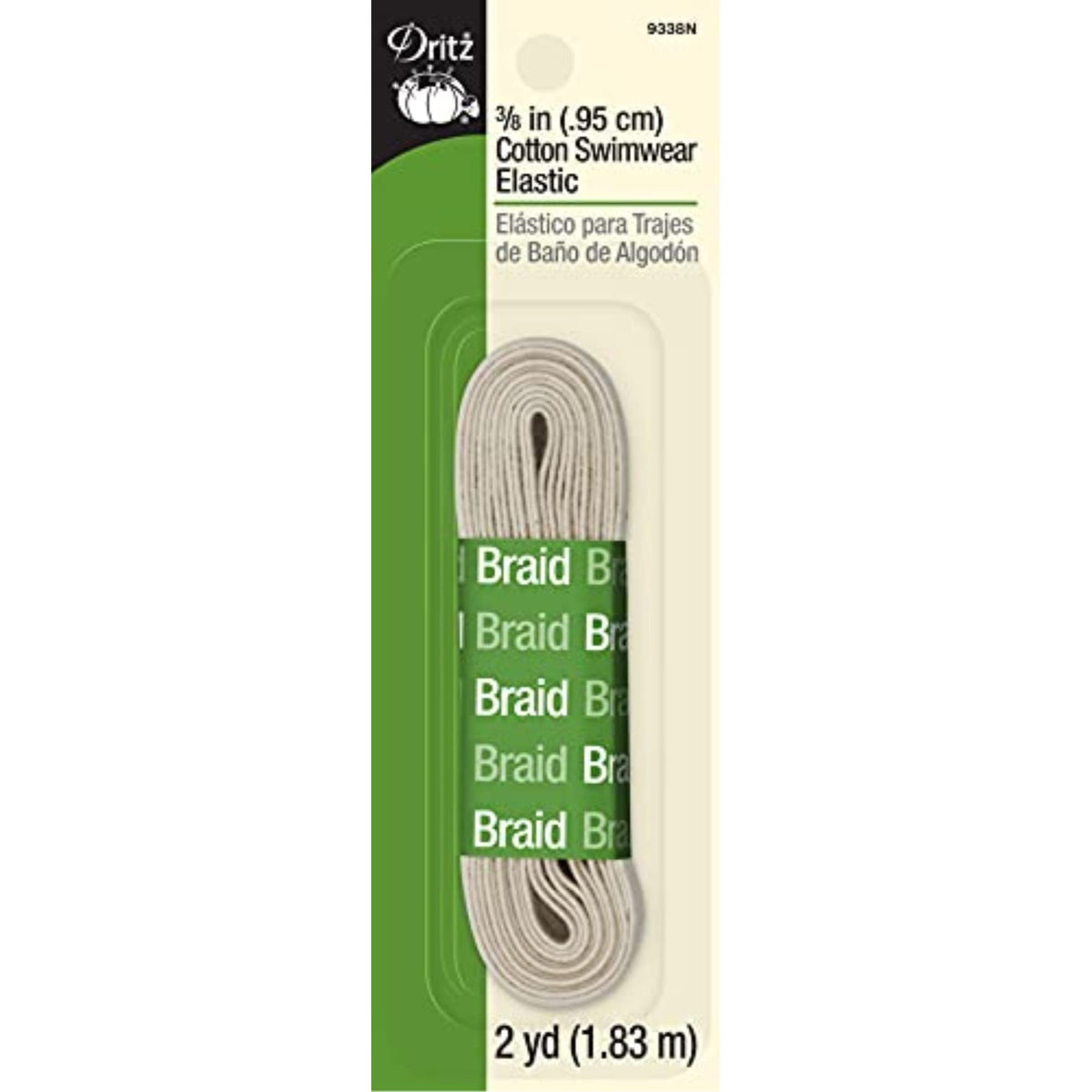 Dritz 9338N Cotton Swimwear Braided Elastic, Natural, 3/8-Inch by 2-Yard